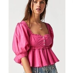 Free People Pink Leave It To Me Ruffled Peplum Babydoll Cropped Top NWOT